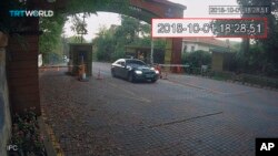 This image taken from CCTV video obtained by the Turkish broadcaster TRT World and made available on Oct. 24, 2018, shows a vehicle allegedly belonging to the Saudi Consulate, at the entrance to Belgrade Forest in Istanbul, Oct. 1, 2018. Turkish President Recep Tayyip Erdogan said Oct. 23, 2018, that consulate officials had made "reconnaissance" trips to the forest as well as the city of Yalova a day before Saudi journalist Jamal Khashoggi was killed.