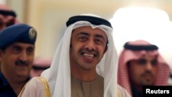 FILE - UAE Foreign Minister Abdullah bin Zayed, shown arriving for a Gulf Cooperation Council meeting in Riyadh last month, has given the impression that his country will soon resume participating in airstrikes targeting Islamic State forces.