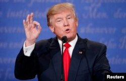 Republican U.S. presidential nominee Donald Trump speaks during the third and final debate with Democratic nominee Hillary Clinton (not pictured) at UNLV in Las Vegas, Nevada, Oct. 19, 2016.