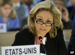FILE - Eileen Donahoe speaks during the 13th session of the Human Rights Council at the United Nations headquarters in Geneva, Switzerland, March 24, 2010.