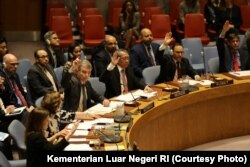 Sidang DK PBB di New York, Selasa, 26 Maret 2019, mendengar paparan Koordinator Khusus PBB Untuk Perdamaian di Timur Tengah, Nicolay Mladenov, mengenai implementasi Resolusi Dewan Keamanan PBB 2334 Tahun 2016. (Foto: Kementerian Luar Negeri RI)