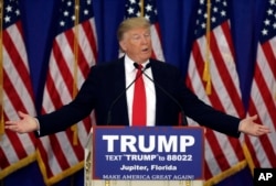 Republican presidential candidate Donald Trump speaks during a news conference at the Trump National Golf Club in Jupiter, Florida, March 8, 2016.