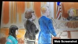 ภาพสเก็ตช์ น.ส.แพรพิชชา สมาตสรบุศย์ ขณะขึ้นรับฟังการไต่สวนของศาลรัฐบาลกลางสหรัฐฯ