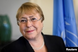 FILE - Former Chilean President Michelle Bachelet, who is now U.N. high commissioner for human rights, is pictured in Geneva, Switzerland, Sept. 3, 2018.