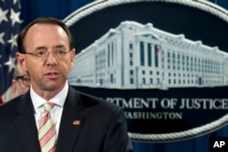 FILE - Deputy Attorney General Rod Rosenstein speaks during a news conference in Washington, Nov. 28, 2018.