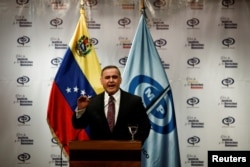 Venezuelan Chief Prosecutor Tarek William Saab talks to the media during a news conference in Caracas, Venezuela, May 3, 2018.
