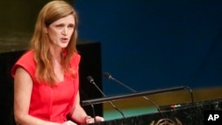 FILE - U.S. Ambassador to the U.N. Samantha Power speaks during a meeting of the U.N. General Assembly at U.N. headquarters, Oct. 26, 2016.