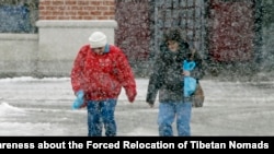 Women carry shopping bags through the falling snow from a grocery store in Cranberry, Pennsylvania, Jan. 26, 2015.