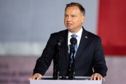 FILE - Polish President Andrzej Duda speaks in Gdansk-Westerplatte, Sept. 1, 2020.