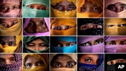 This combo photo comprises of portraits of some of the Rohingya Muslim women taken during an interview with The Associated Press in November 2017 in Kutupalong and Gundum refugee camp in Bangladesh. 