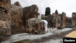 A restorer works in the ancient Roman city Pompeii, which was buried in AD 79 by an eruption of the Vesuvius volcano, Feb. 6, 2013.