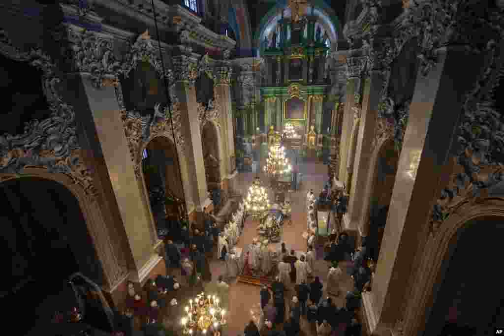 People attend the funeral of former head of the Lithuanian Orthodox Church Metropolitan Emeritus Chrysostomos, in the Orthodox Church of the Holy Spirit in Vilnius, Lithuania.