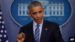 President Barack Obama speaks during a news conference in the briefing room of the White House in Washington, Dec. 16, 2016. 