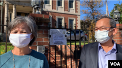 Former CNRP vice presidents Mu Sochua and Eng Chhai Eang talk to a VOA Khmer reporter outside of The Royal Embassy of Cambodia in Washington, D.C., November 2020. (Men Kimseng/VOA Khmer) 