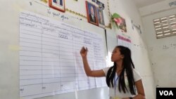 ក្រុម​មន្ត្រី​រៀបចំ​ការ​បោះឆ្នោត បាន​ប្រមូល និង​រាប់​សន្លឹក​ឆ្នោត នៅ​ការិយាល័យ​បោះឆ្នោតក្នុងអនុវិទ្យាល័យសោ ហឺ​ ក្នុងសង្កាត់ស្វាយប៉ោ ក្រុង​បាត់ដំបង នៅ​ថ្ងៃ​ទី៤ ខែ​មិថុនា ឆ្នាំ២០១៧។ (អ៊ិត សូធឿត/VOA) 