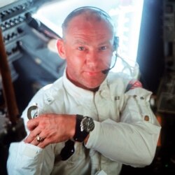 This July 20, 1969 photo made available by NASA shows pilot Edwin "Buzz" Aldrin in the Apollo 11 Lunar Module. For the 50th anniversary of the landing, Omega issued a limited edition Speedmaster watch.