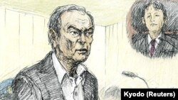 Sketsa pengadilan yang dibuat oleh Nobutoshi Katsuyama ini menunjukkan pemimpin Nissan Motor Co Ltd yang digulingkan, Carlos Ghosn dalam sidang terbuka di Pengadilan Distrik Tokyo di Jepang, 8 Januari 2019.