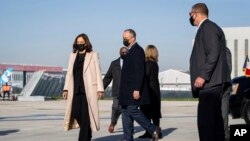 US Vice President Kamala Harris and her husband Doug Emhoff at the Paris-Orly Airport in Orly, France on Nov. 9, 2021.