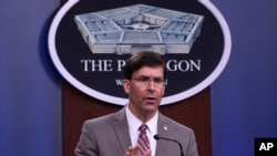 Defense Secretary Mark Esper speaks during a briefing at the Pentagon in Washington, March 2, 2020. 