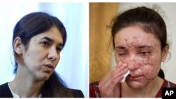 Nadia Murad Basee (kiri) dan Lamiya Aji Bashar (kanan) memperoleh penghargaan Shakarov dari Parlemen Eropa untuk kebebasan berpikir dan mengemukakan pendapat, 27 Oktober 2016 (AP Photo/Yorgos Karahalis, Balint Szlanko, File).