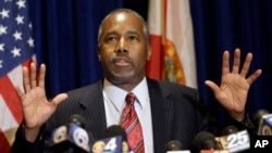 Republican presidential candidate Ben Carson speaks to reporters during a news conference Nov. 6, 2015, in Palm Beach Gardens, Florida.