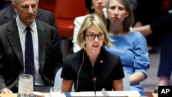 New U.S. Ambassador Kelly Craft addresses her first Security Council meeting, at United Nations headquarters, Thursday, Sept. 12, 2019. (AP Photo/Richard Drew)
