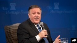 Menteri Luar Negeri AS, Mike Pompeo, memberikan sambutan di Heritage Foundation, organisasi kebijakan publik konservatif, di Washington, Senin, 21 Mei 2018.