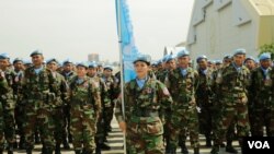 The send-off ceremony of the new Cambodian Peacekeeping Forces to Maly and South Sudan took place in Pochentong Airbase, Phnom Penh, Cambodia, May 3, 2018. (Aun Chhengpor/VOA Khmer)