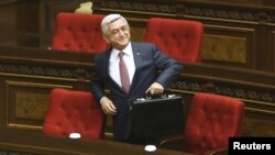 Armenia's former President Serzh Sarksyan attends a session of the parliament in Yerevan, Armenia, Apr. 17, 2018. 