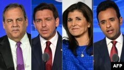 Prezidentlik uchun kurashda Donald Trampning respublikachi raqblari - chapdan, Kris Kristi, Ron Desantis, Nikki Heyli, va Vivek Ramasvomi