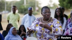 Dr. Oby Ezekwesili expresses support about the rescue of some women and girls from Sambisa forest while a Nigerian protest group continues their sit-in about the girls that are still missing from Chibok, in Abuja, Nigeria, April 29, 2015. 