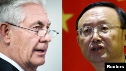 렉스 틸러슨 미국 국무장관(왼쪽)과 양제츠 중국 외교담당 국무위원.