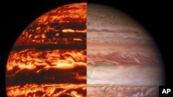This combination of images provided by NASA on Thursday, Oct. 28, 2021 shows the planet Jupiter seen by the Juno probe's microwave radiometer, left, and in visible light, captured by the Gemini Observatory. (NASA/JPL-Caltech/SwRI/MSSS; Kevin M. Gill; Gemini Observatory via AP)