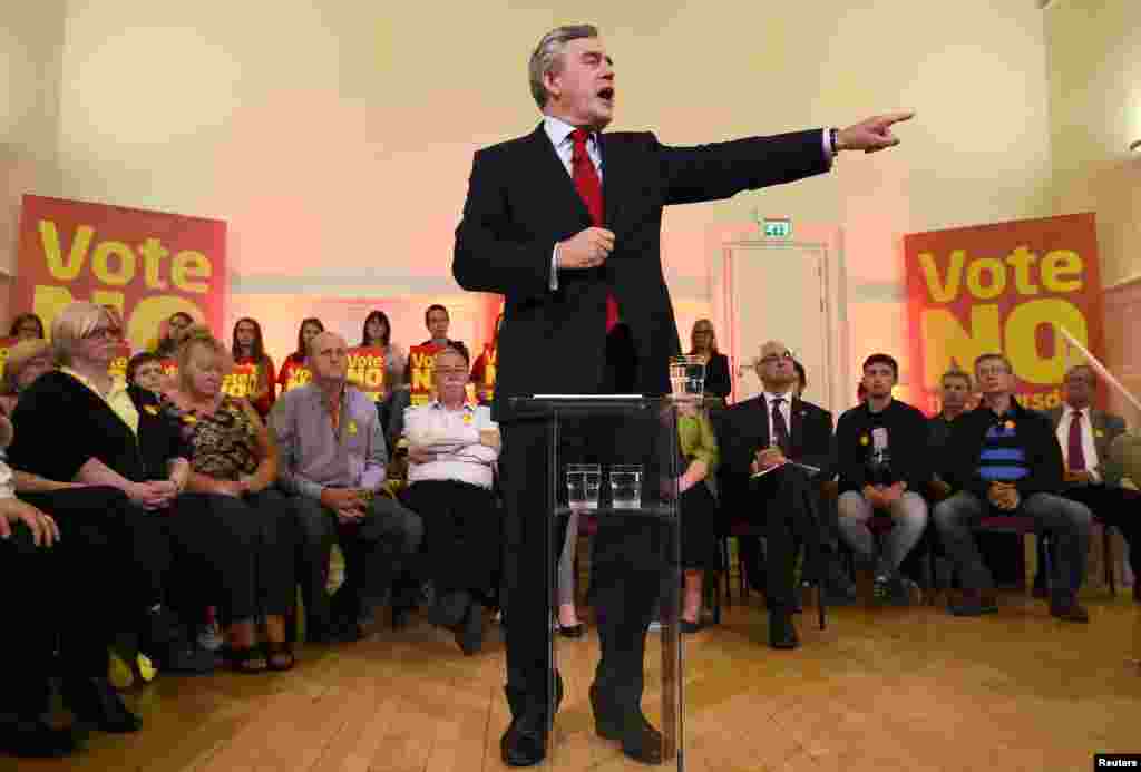 Britain's former Prime Minister Gordon Brown speaks at a campaign event in favour of the union in Clydebank, Scotland, Sept. 16, 2014. 