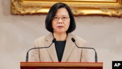 Taiwanese President Tsai Ing-wen delivers a speech during a New Year's day press conference in Taipei, Taiwan, Jan. 1, 2019.