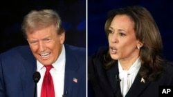 Calon presiden dari Partai Republik, mantan Presiden Donald Trump (kiri) dan calon presiden dari Partai Demokrat, Wakil Presiden Kamala Harris dalam debat presiden ABC News di National Constitution Center, Philadelphia, 10 September 2024. (Alex Brandon/AP)