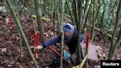 FILE - A member of the Humanitarian Demining Battalion of the Columbian Army searches for landmines in Cocorna, Antioquia, March 3, 2015.