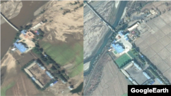 중국 접경 회령시 인근의 홍수 피해 후(왼쪽)와 전 위성사진. 다리 아래 강물이 크게 불었고, 논밭이 토사로 뒤덮여 있다. 구글어스 이미지.