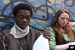 Two teen actors rehearsing for The Bowery Wars, Part One