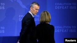 European Union Foreign Minister Federica Mogherini speaks with NATO Secretary General Jens Stoltenberg during the Global Coalition - Working to Defeat ISIS at the State Department in Washington, March 22, 2017. 