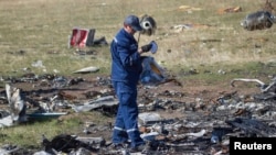 An Emergencies Ministry member searches for belongings at the site where the downed Malaysia Airlines flight MH17 crashed, near the village of Hrabove (Grabovo) in Donetsk region, eastern Ukraine, October 13, 2014.
