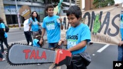 FILE - A boy wields a toy chainsaw to call attention to the role of deforestation in climate change, during the People's Climate March in Bogota, Sept. 20, 2014.