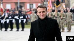 FILE - French President Emmanuel Macron attends the commemoration ceremony for the 80th anniversary of the Allied Liberation of the eastern France city of Colmar at the end of World War II, in Colmar on Feb. 2, 2025.