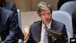 FILE - United Nations Ambassador from France, François Delattre, address the U.N. Security Council meeting on the Middle East, May 15, 2018 at U.N. headquarters.