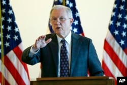 FILE - Attorney General Jeff Sessions speaks to law enforcement officials about transnational organized crime and gang violence at the U.S. Courthouse, Sept. 21, 2017, in Boston.