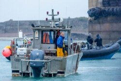 A French fishing vessel blocks the port of St Helier in Jersey, May 6, 2021.