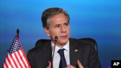 US Secretary of State Antony Blinken takes part in the Ministerial Conference on Migration at the Foreign Ministry headquarters in Bogota, Colombia, Oct. 20, 2021.