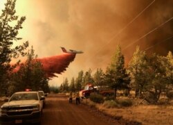 This photo provided by the Oregon Department of Forestry shows a firefighting tanker dropping fire-fighting materials over the Grandview Fire near Sisters, Oregon, July 11, 2021. (AP Photo)