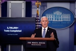 FILE - Vice President Mike Pence speaks about the coronavirus in the James Brady Press Briefing Room of the White House, in Washington, April 17, 2020.