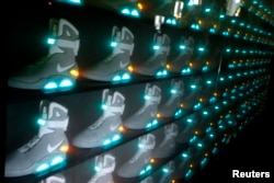 These 2011 NIKE MAG shoes are based on the original shoe worn by the "Back to the Future" character Marty McFly, played by Michael J. Fox. In 2011, they were on display at The Montalban Theatre in Hollywood, California.